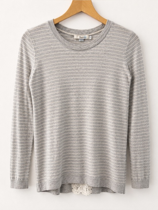 Boden Sweaters - Boden Gray Stripe Split Back Lace Sweater Small Open Back Knit Top
